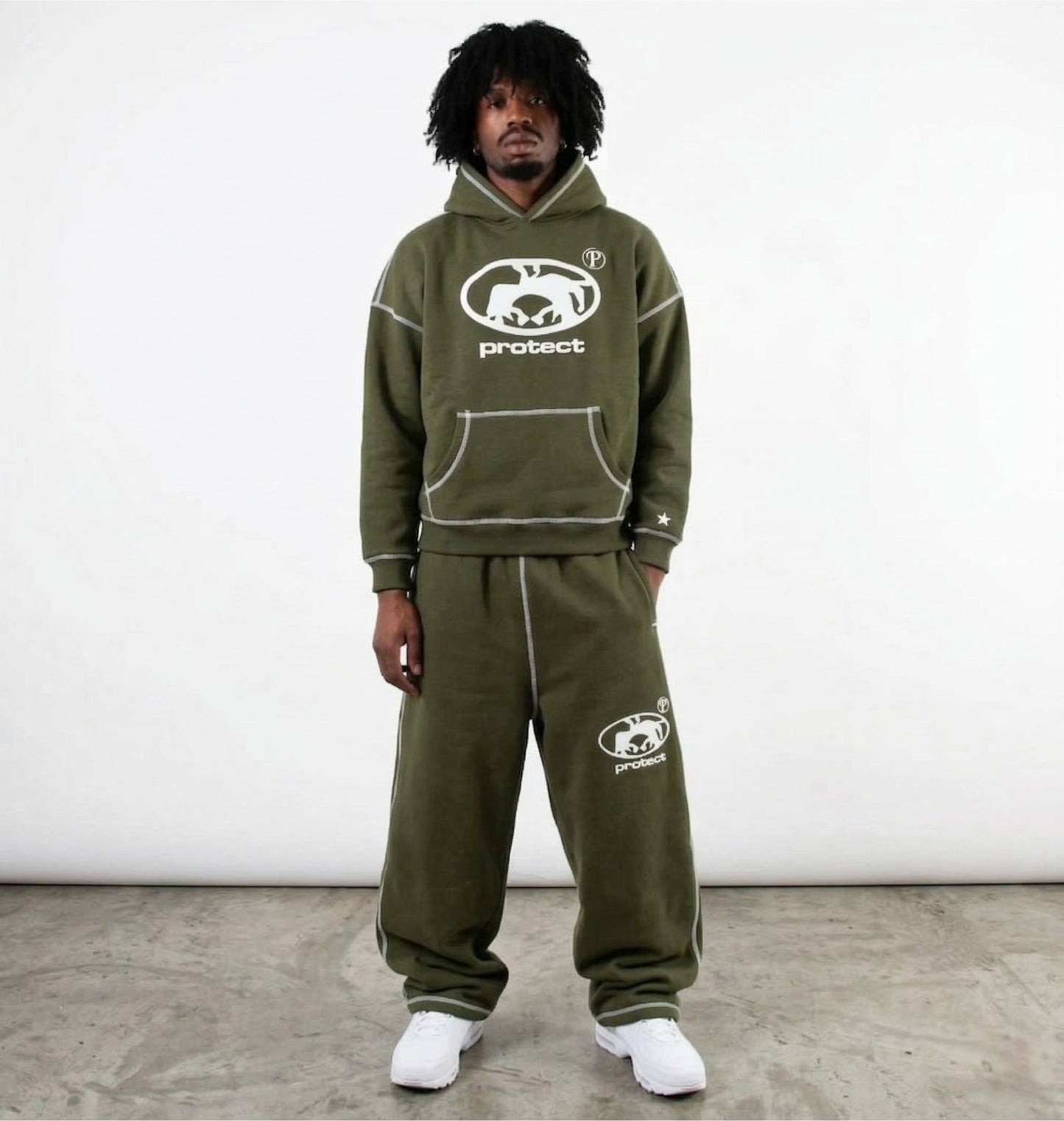 Protect Brudda Baggy Sweatpants – Olive green/White Edition