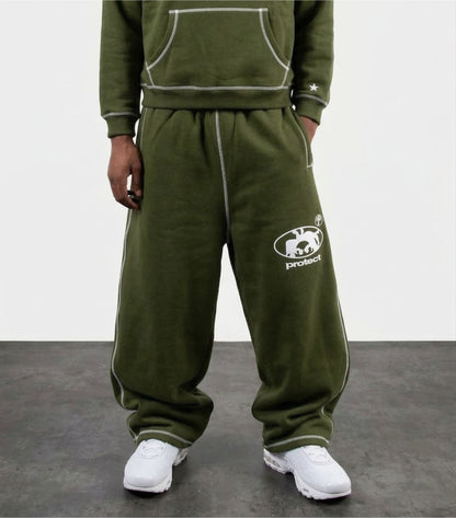 Protect Brudda Baggy Sweatpants – Olive green/White Edition