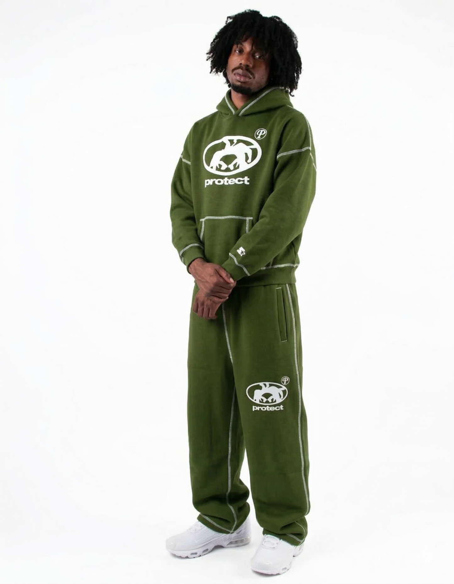 Protect Brudda Baggy Sweatpants – Olive green/White Edition