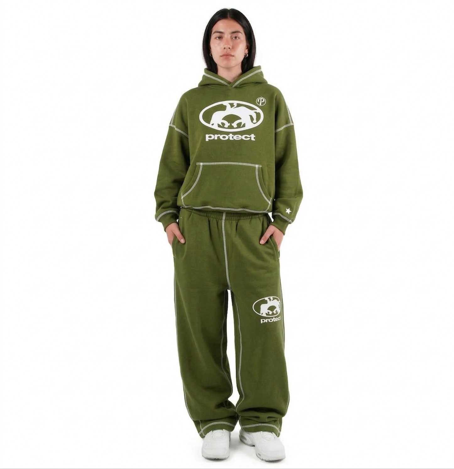 Protect Brudda Baggy Sweatpants – Olive green/White Edition
